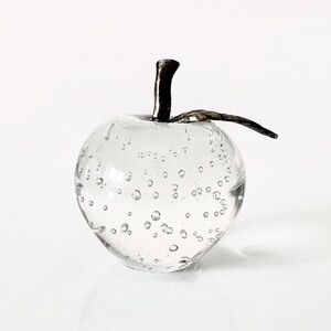 Apple Bullicante Clear Art Glass Paperweight Metal Brass Leaf and Stem